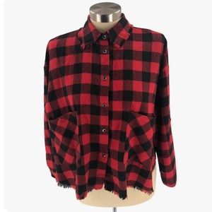 FAVLUX Womens Red & Black Check Button Up Roll Tab Sleeve Fringe Crop